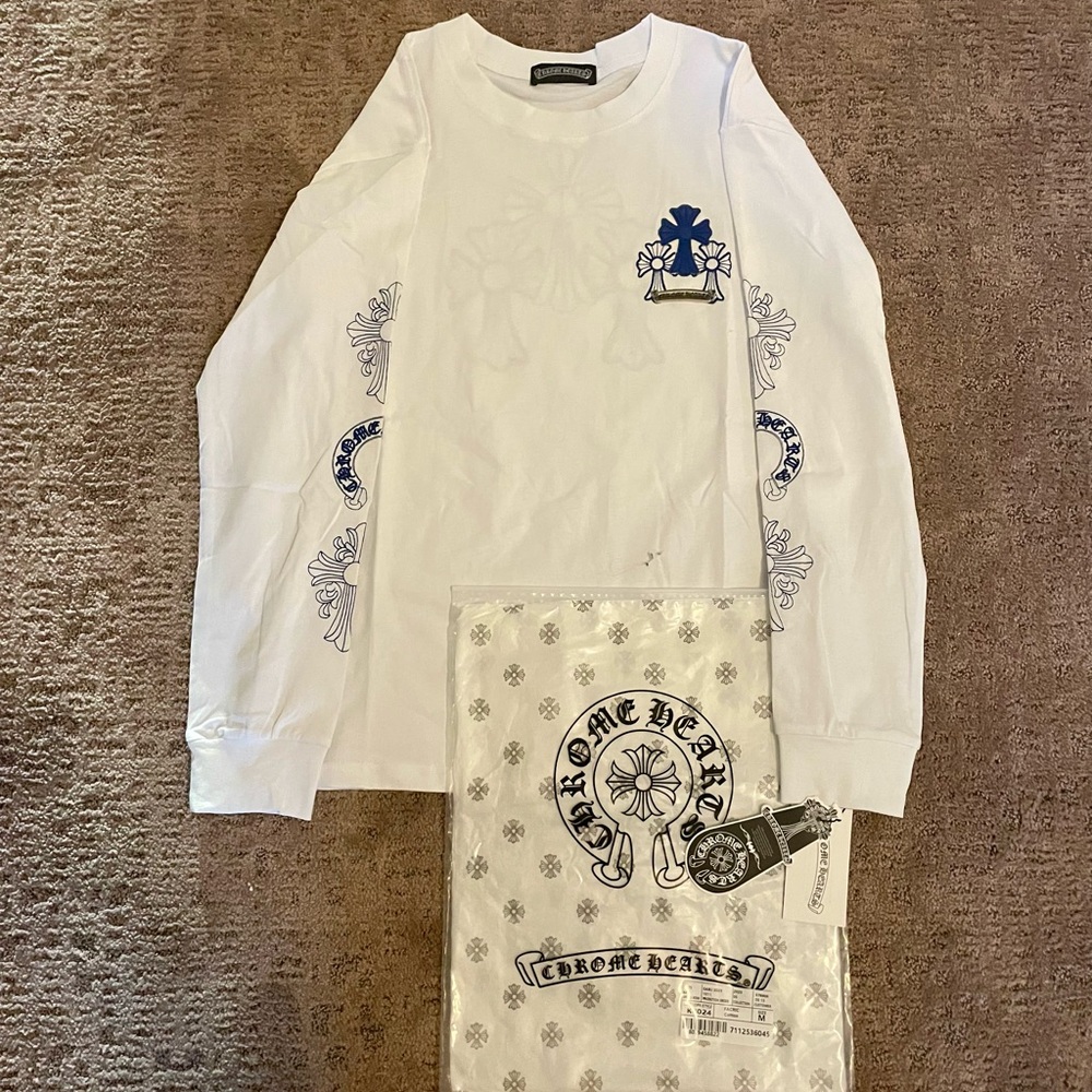 Chrome Hearts White Long Sleeve Tee with Blue Graphics